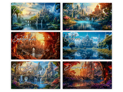 Enchanted Realms 2027 wall calendar monthly artwork preview July through December