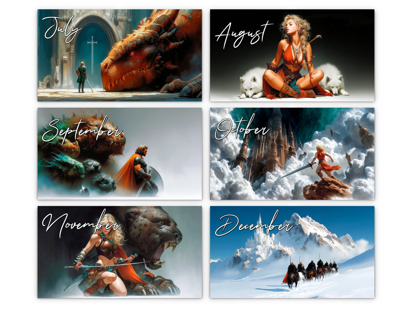 Epic Fantasy 2027 wall calendar monthly artwork preview July through December