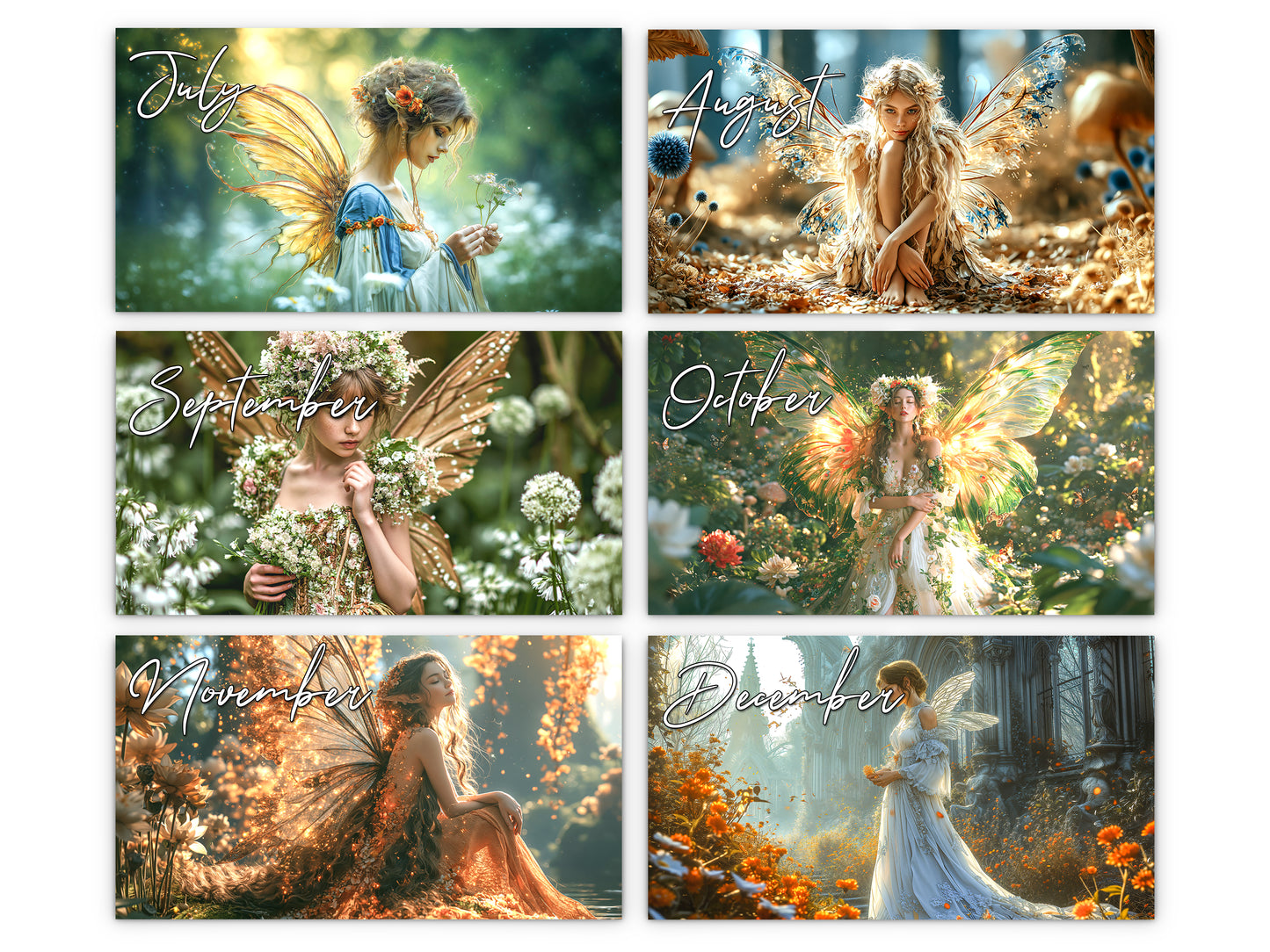 Fairy 2027 wall calendar monthly artwork preview July through December