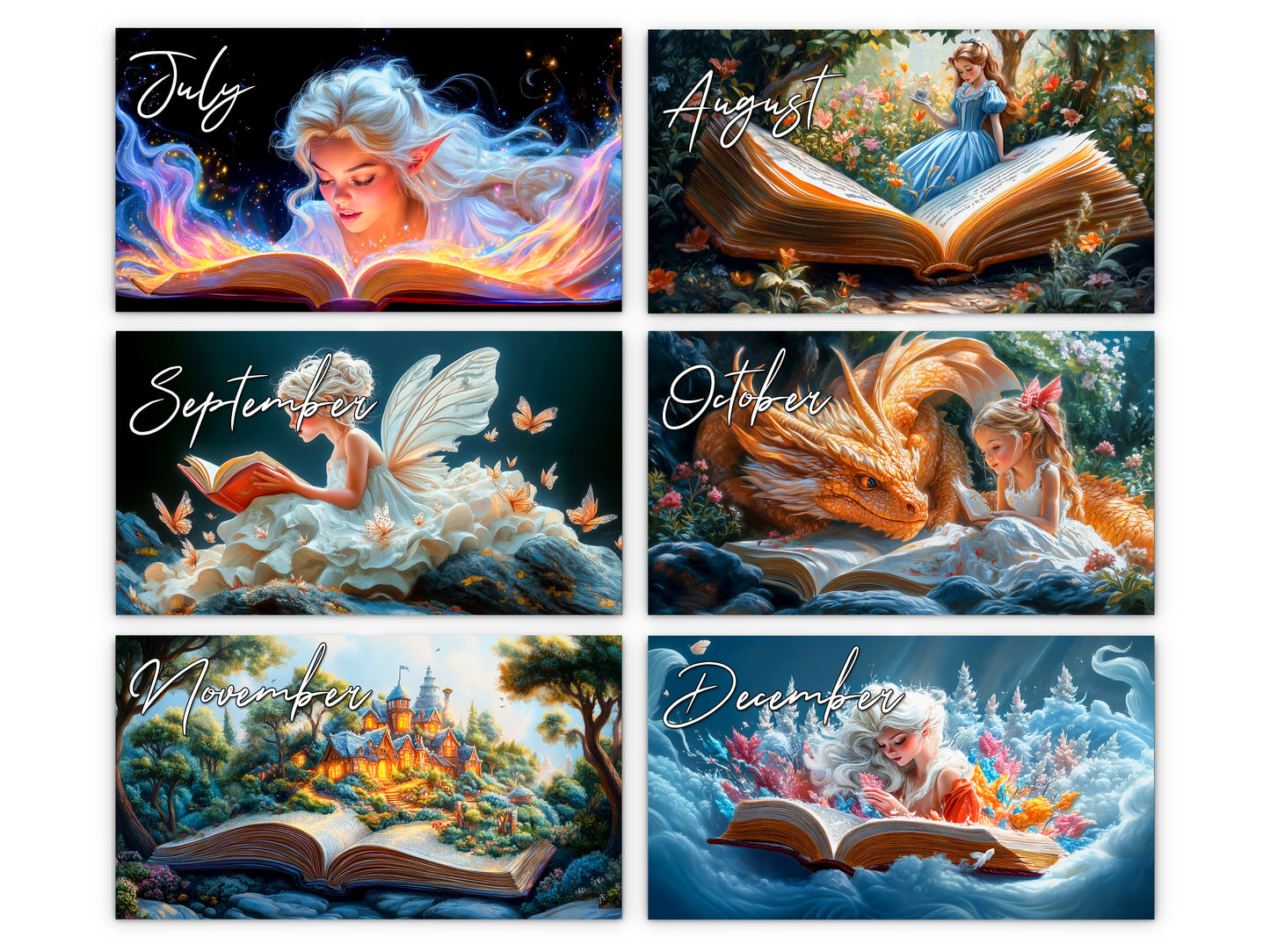 Fairytale Books 2027 wall calendar monthly artwork preview July through December