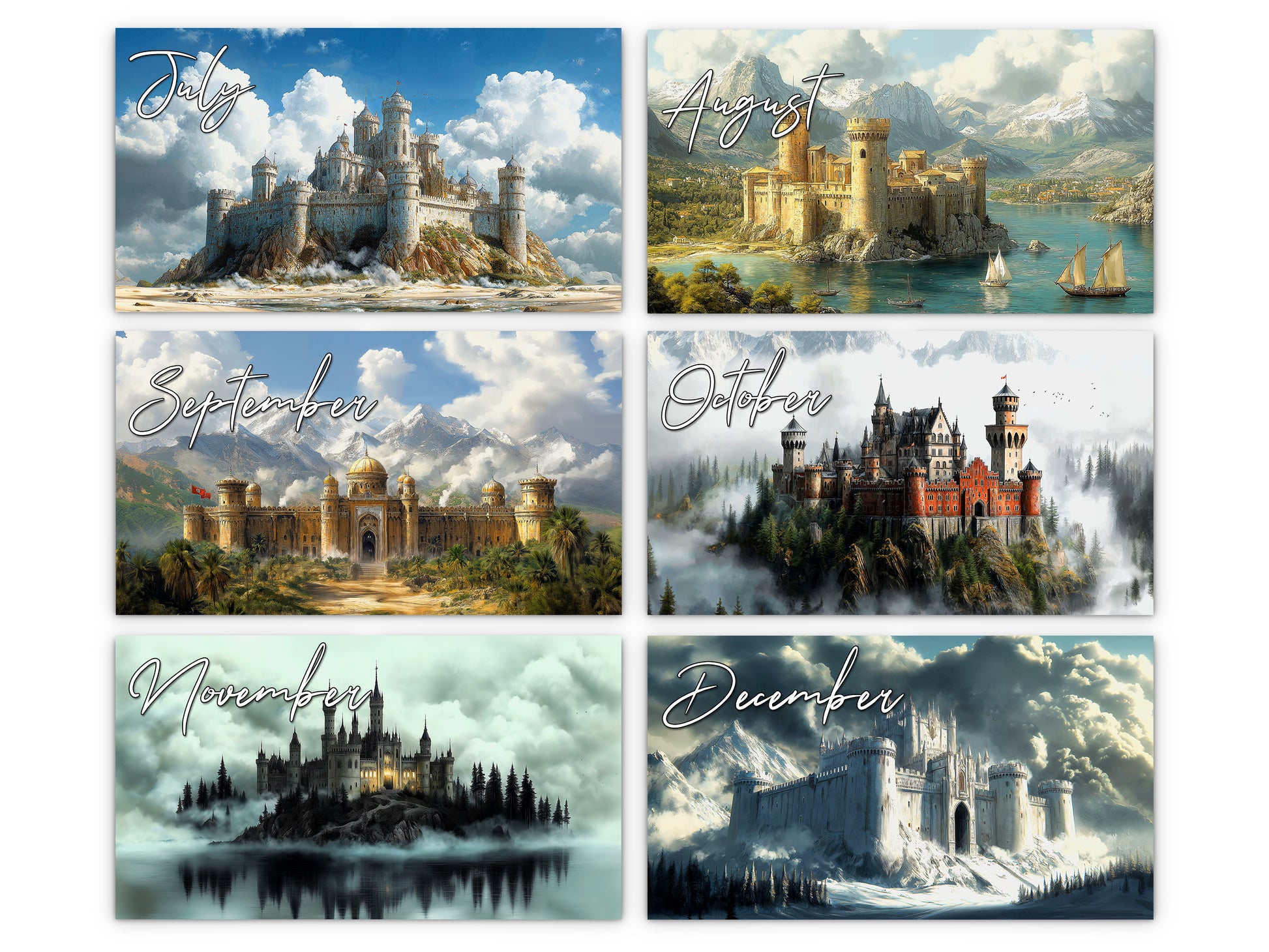 Fantasy Castle 2027 wall calendar monthly artwork preview July through December