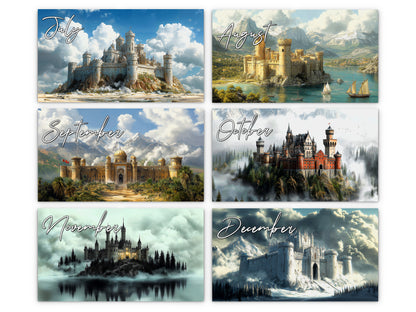 Fantasy Castle 2027 wall calendar monthly artwork preview July through December