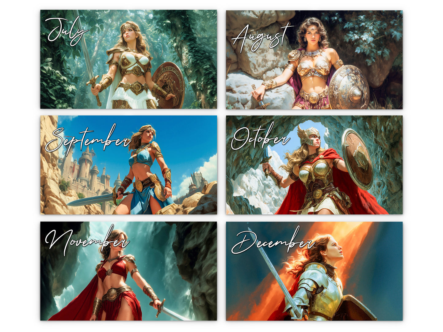 Fantasy Warrioress 2027 wall calendar monthly artwork preview July through December