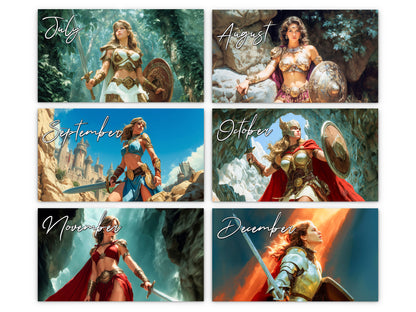 Fantasy Warrioress 2027 wall calendar monthly artwork preview July through December