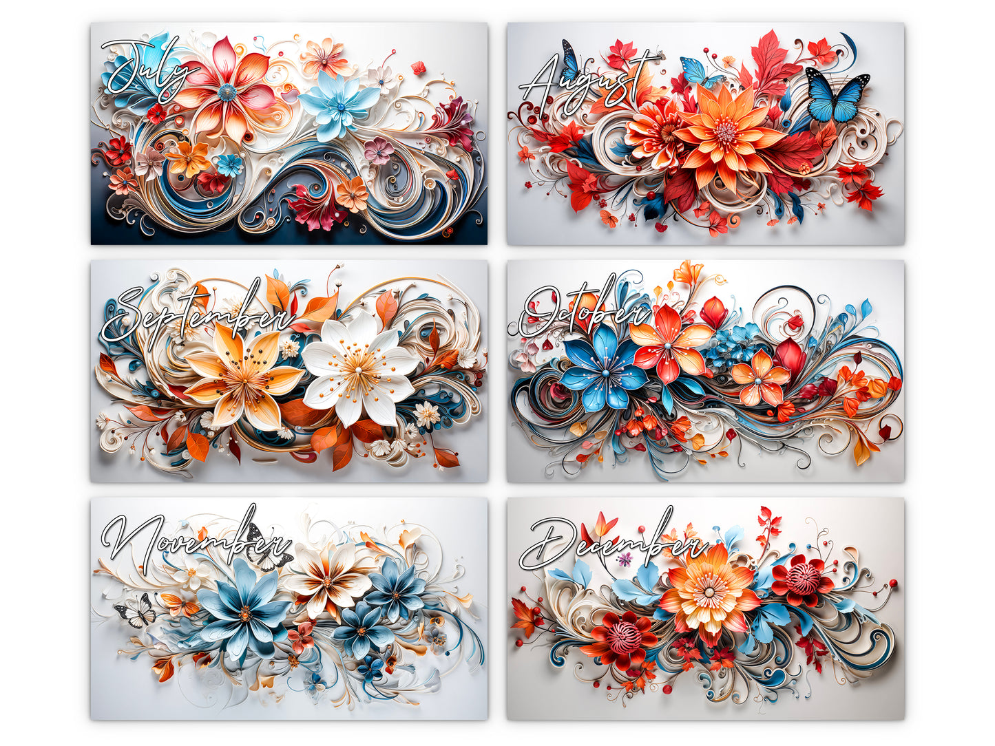 Floral Grace 2027 wall calendar monthly artwork preview July through December
