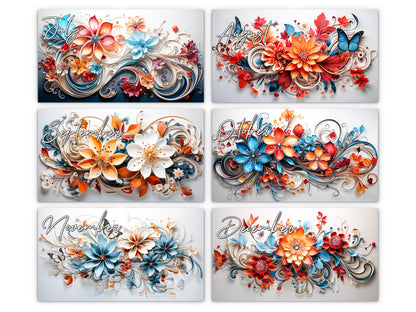 Floral Grace 2027 wall calendar monthly artwork preview July through December