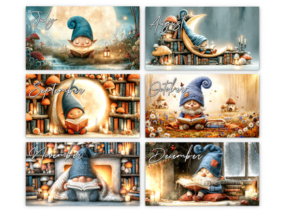 Gnome Book Club 2027 wall calendar monthly artwork preview July through December