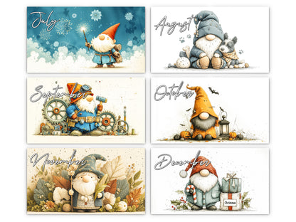 Gnome Holidays 2027 wall calendar monthly artwork preview July through December