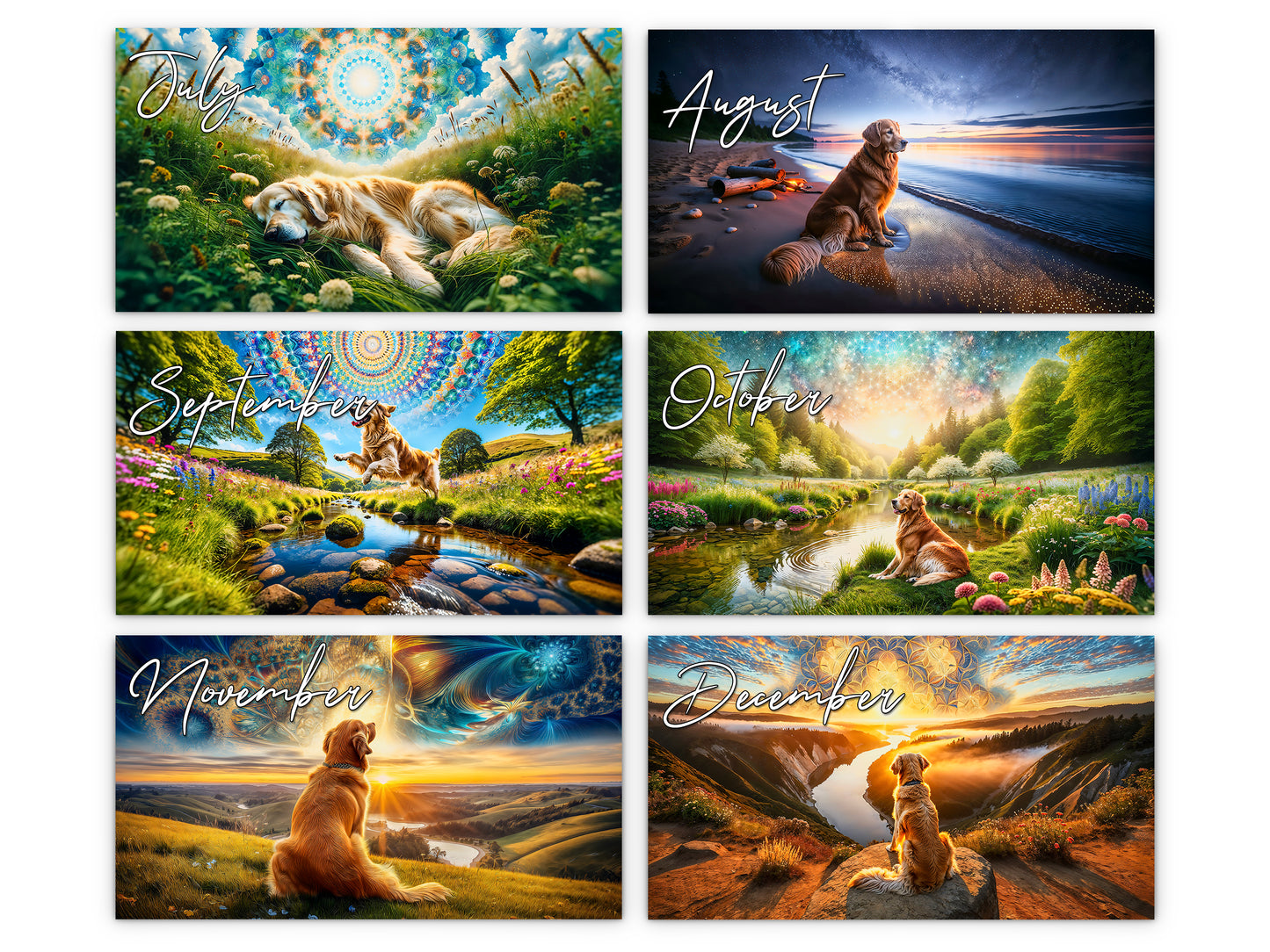 Golden Retriever 2027 wall calendar monthly artwork preview July through December