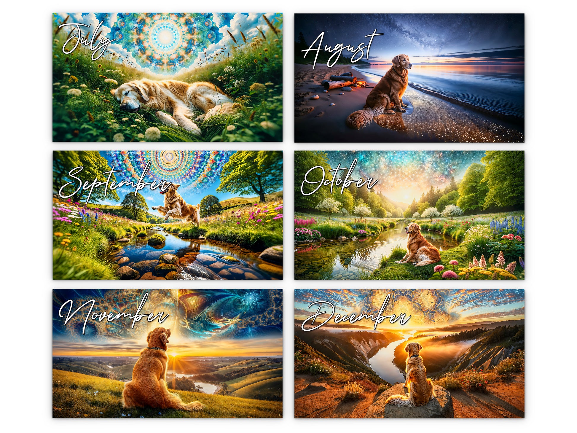 Golden Retriever 2027 wall calendar monthly artwork preview July through December