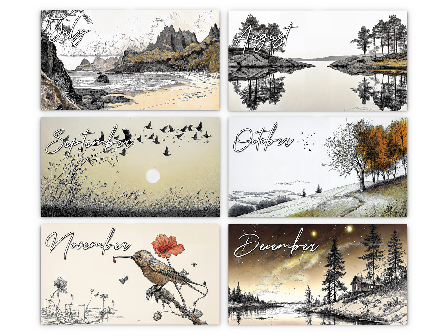 Illustrated Moments 2027 wall calendar monthly artwork preview July through December