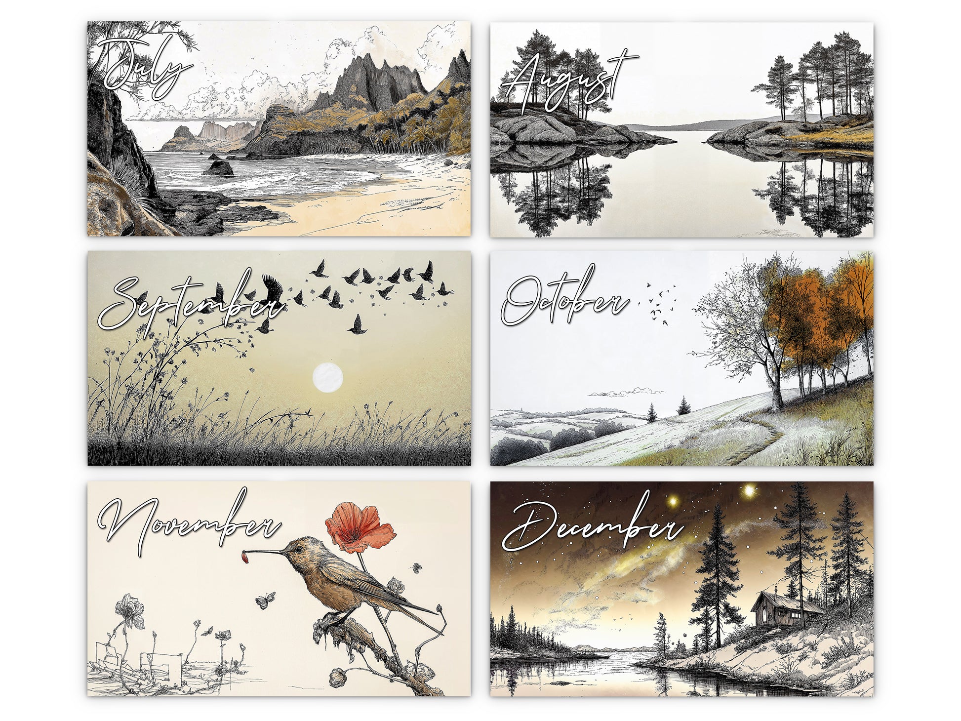 Illustrated Moments 2027 wall calendar monthly artwork preview July through December