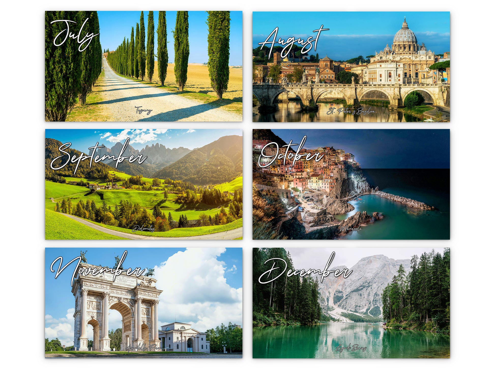 Italy Vistas Photography 2027 wall calendar monthly artwork preview July through December