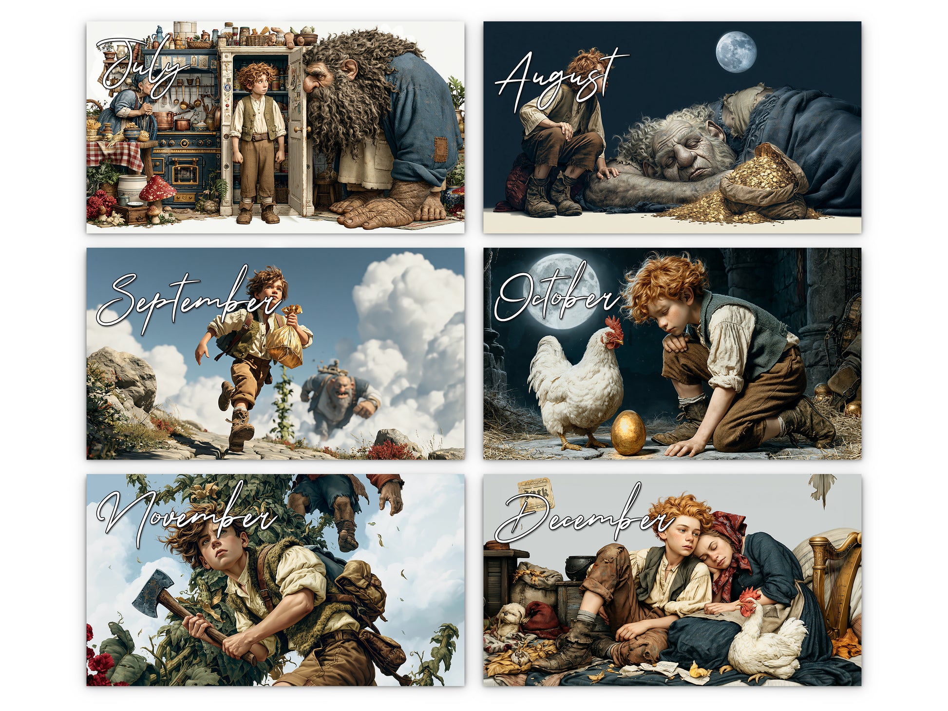 Jack and the Beanstalk 2027 wall calendar monthly artwork preview July through December