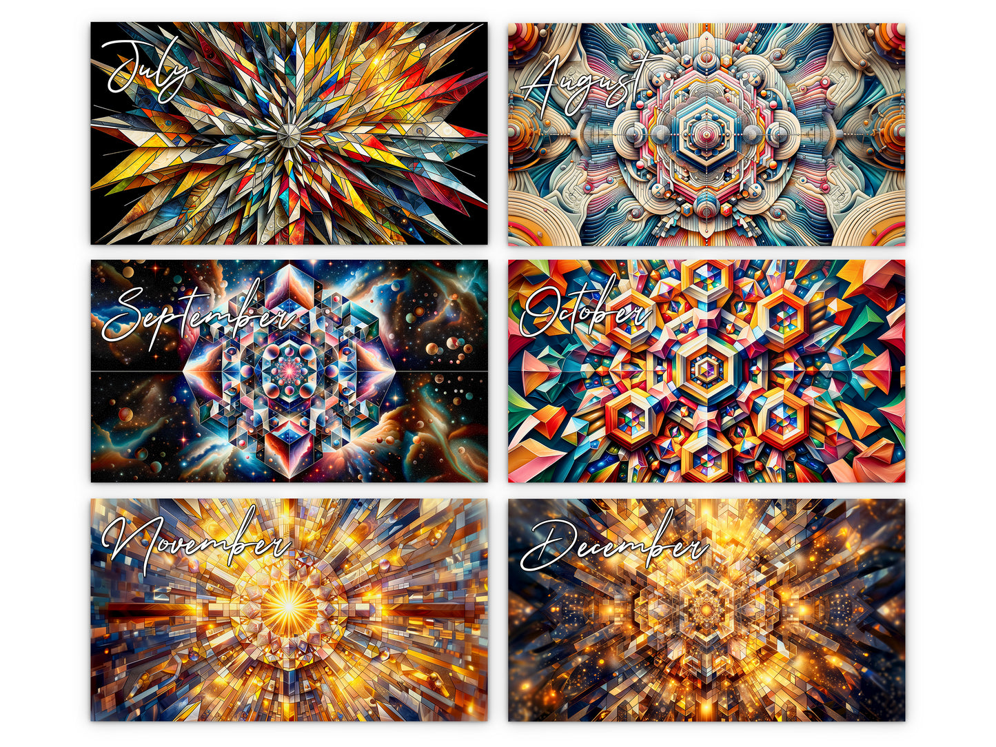 Kaleidoscopic Art 2027 wall calendar monthly artwork preview July through December