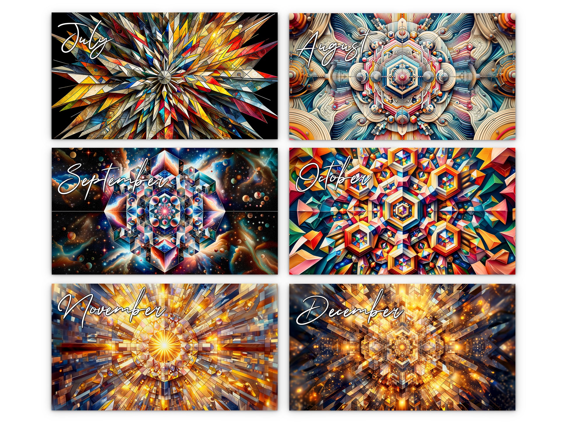 Kaleidoscopic Art 2027 wall calendar monthly artwork preview July through December