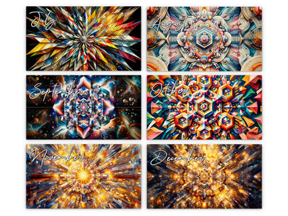 Kaleidoscopic Art 2027 wall calendar monthly artwork preview July through December