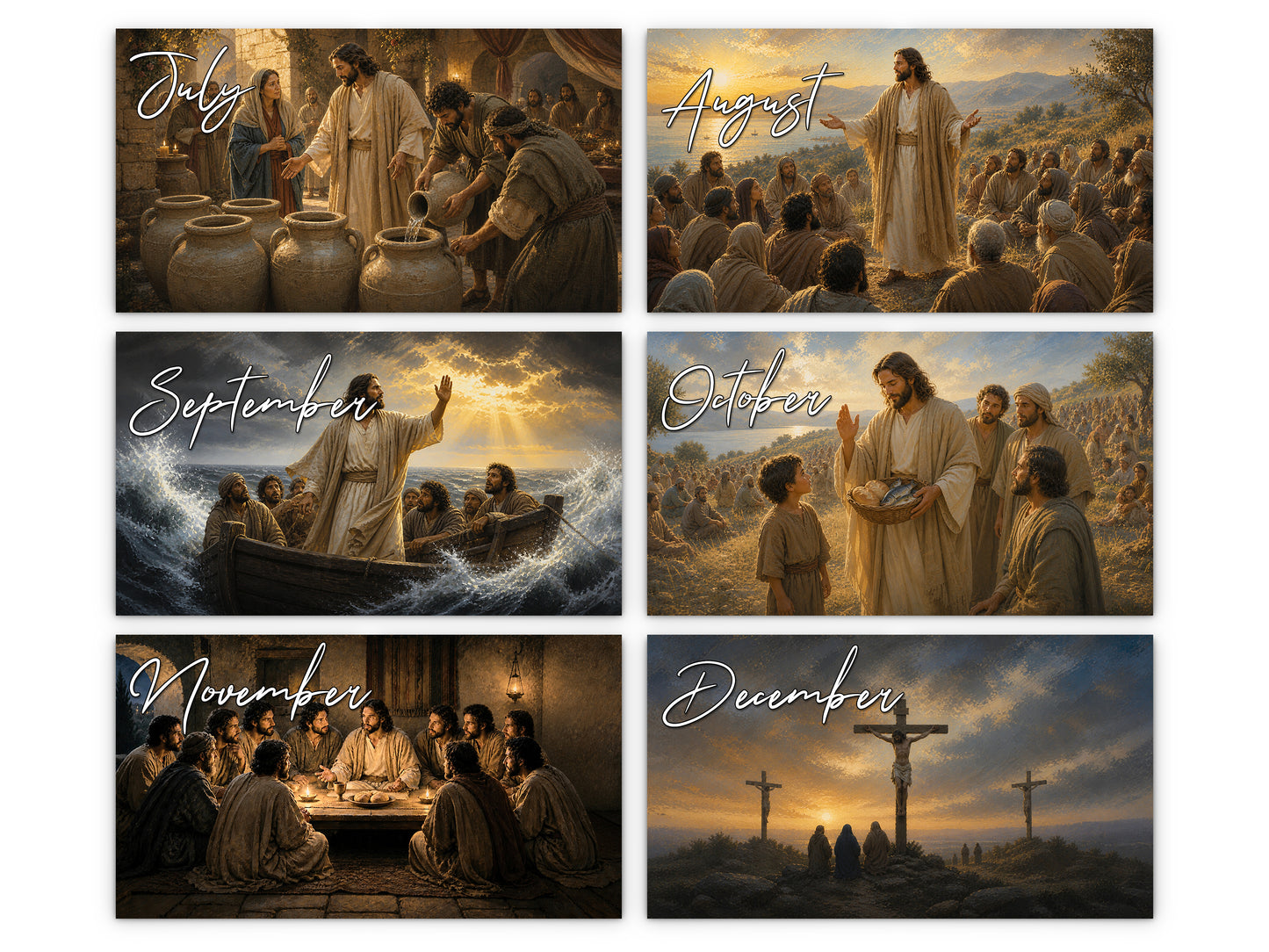 Life of Jesus 2027 wall calendar monthly artwork preview July through December