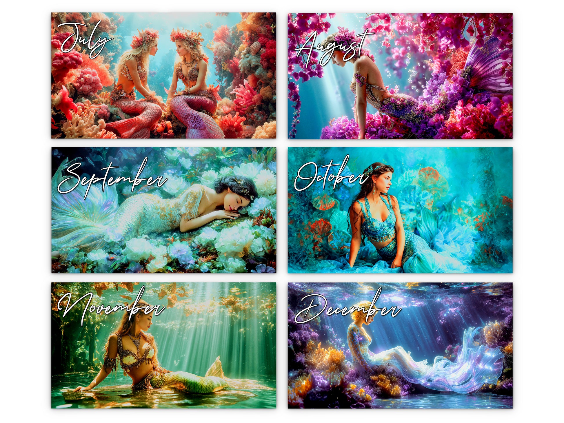 Mermaid 2027 wall calendar monthly artwork preview July through December