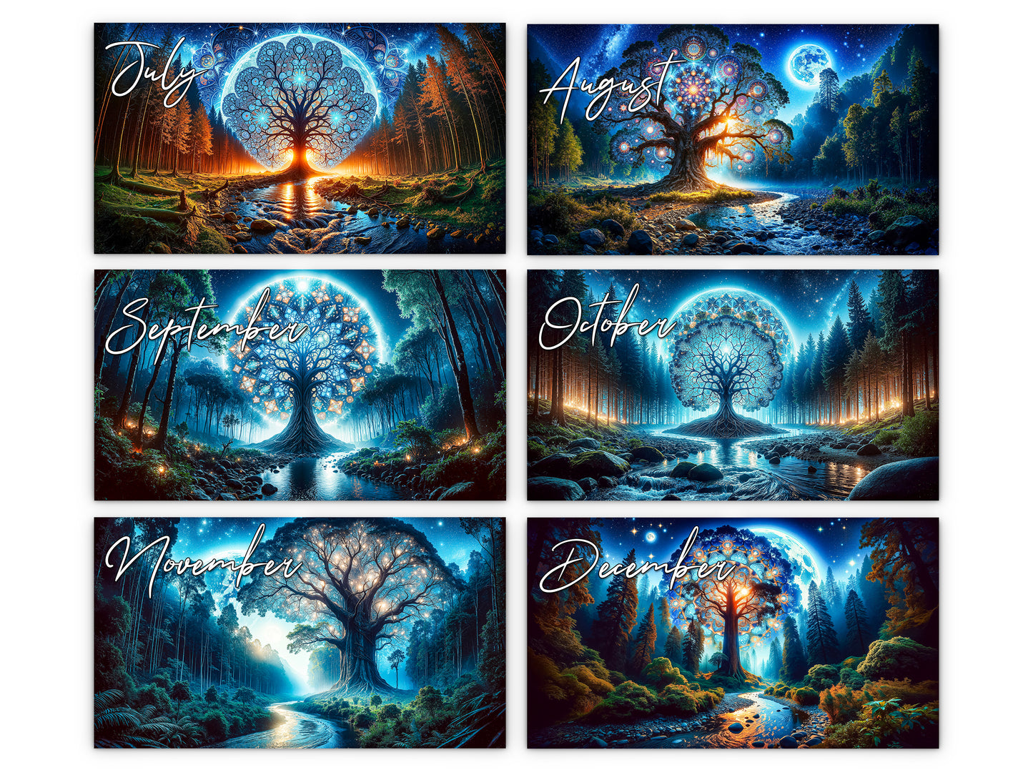 Moonlit Mystique 2027 wall calendar monthly artwork preview July through December
