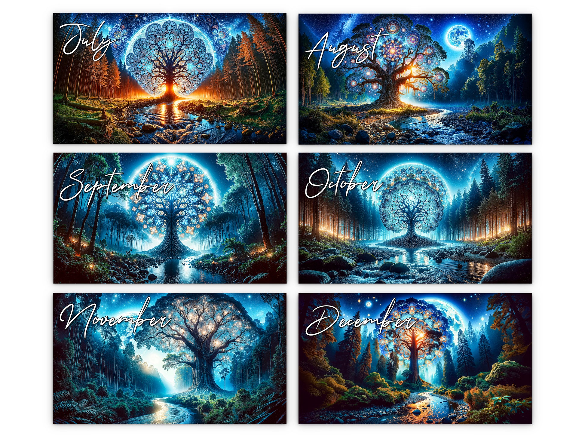 Moonlit Mystique 2027 wall calendar monthly artwork preview July through December