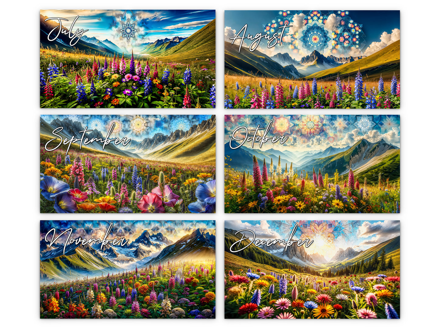 Mountain Wildflowers 2027 wall calendar monthly artwork preview July through December