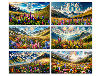 Mountain Wildflowers 2027 wall calendar monthly artwork preview July through December
