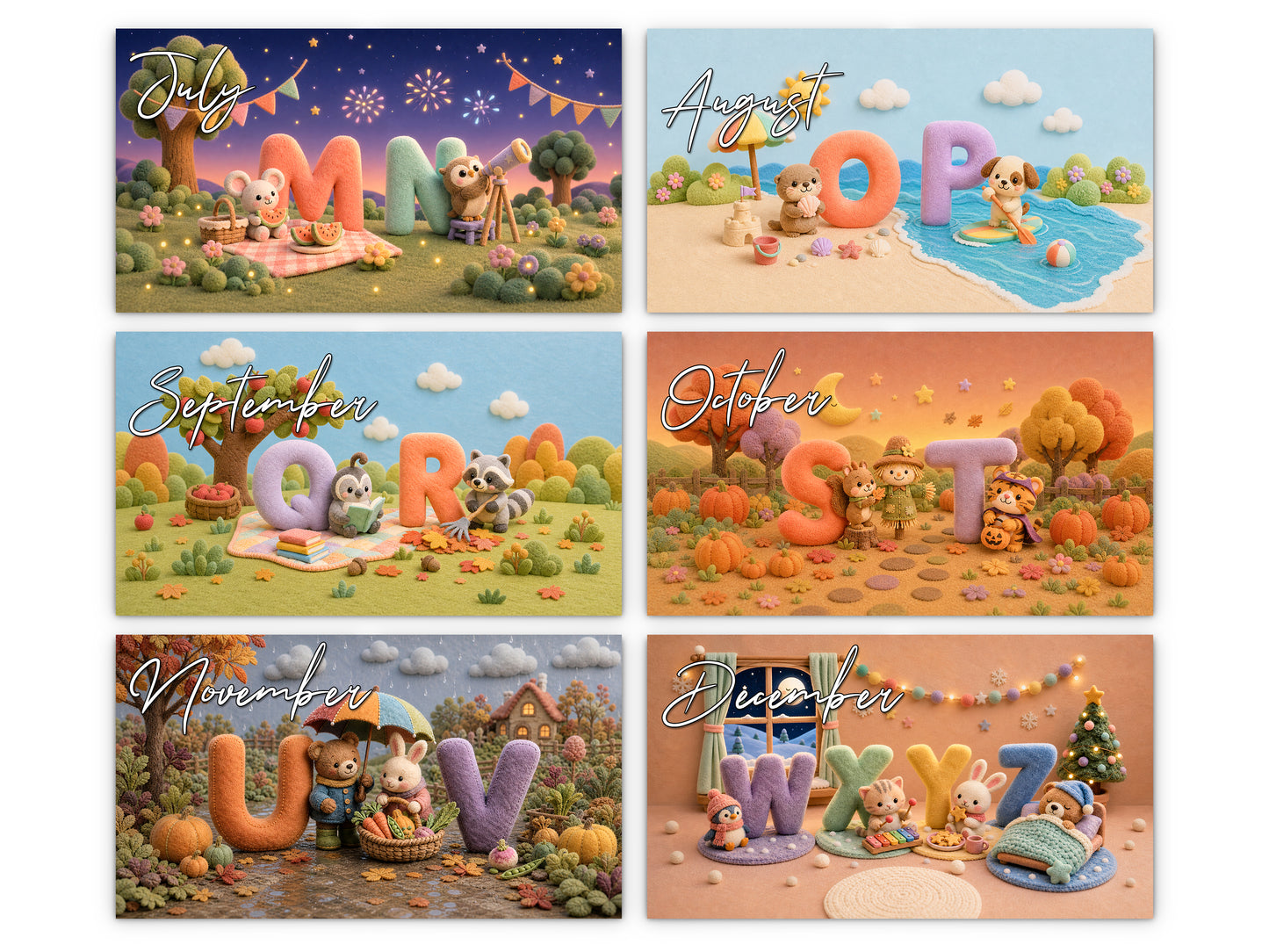 My ABC Adventure by Kaleidoscope Artisan - Playful Learning with Holidays 2027 wall calendar monthly artwork preview July through December