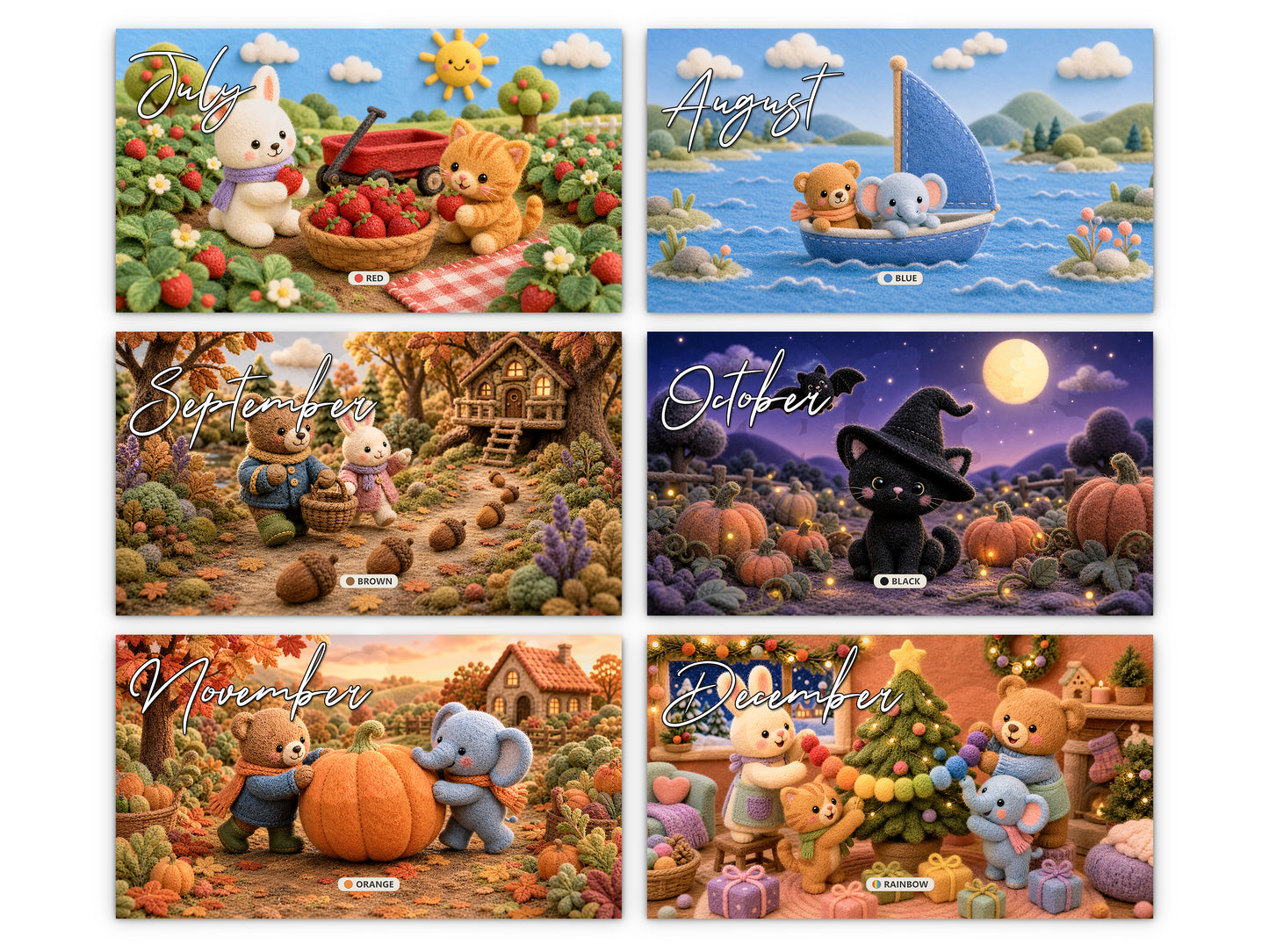 My Colors Adventure by Kaleidoscope Artisan - Whimsical Felt Friends with Holidays 2027 wall calendar monthly artwork preview July through December