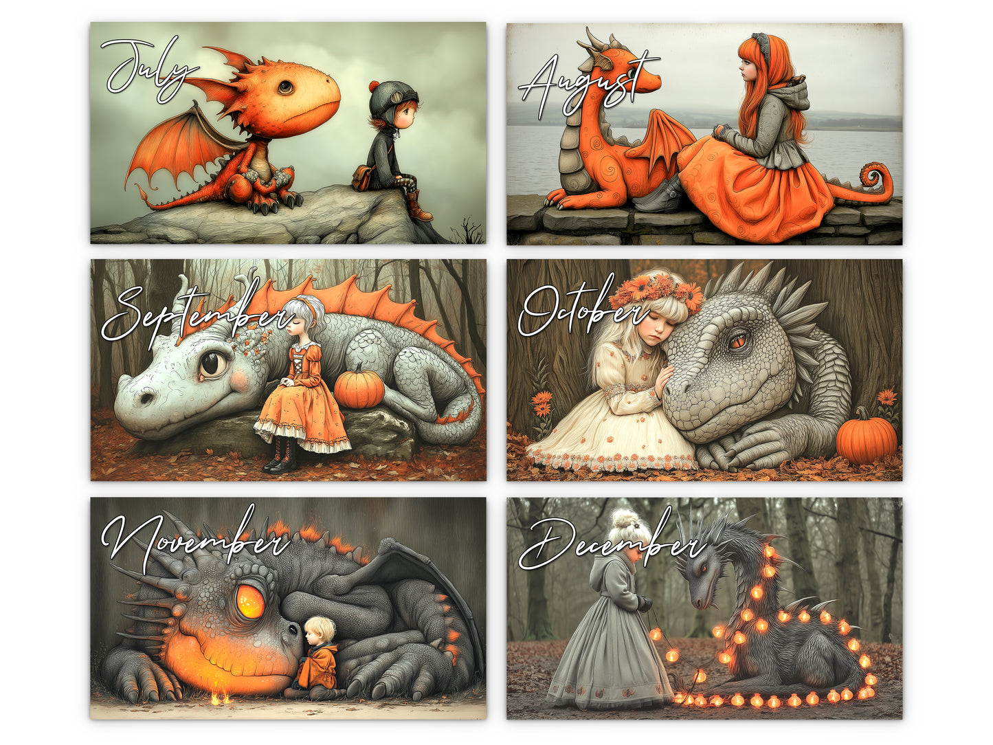 My Little Dragon 2027 wall calendar monthly artwork preview July through December