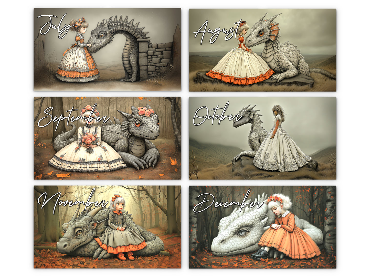 My Little Dragon Princess 2027 wall calendar monthly artwork preview July through December