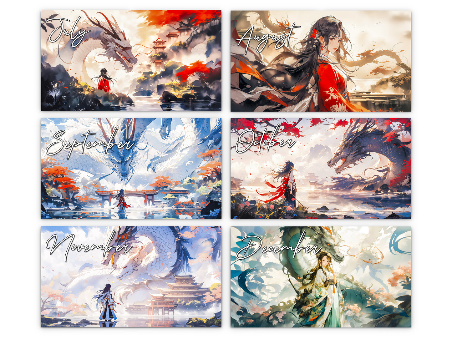 Mystic Skies 2027 wall calendar monthly artwork preview July through December
