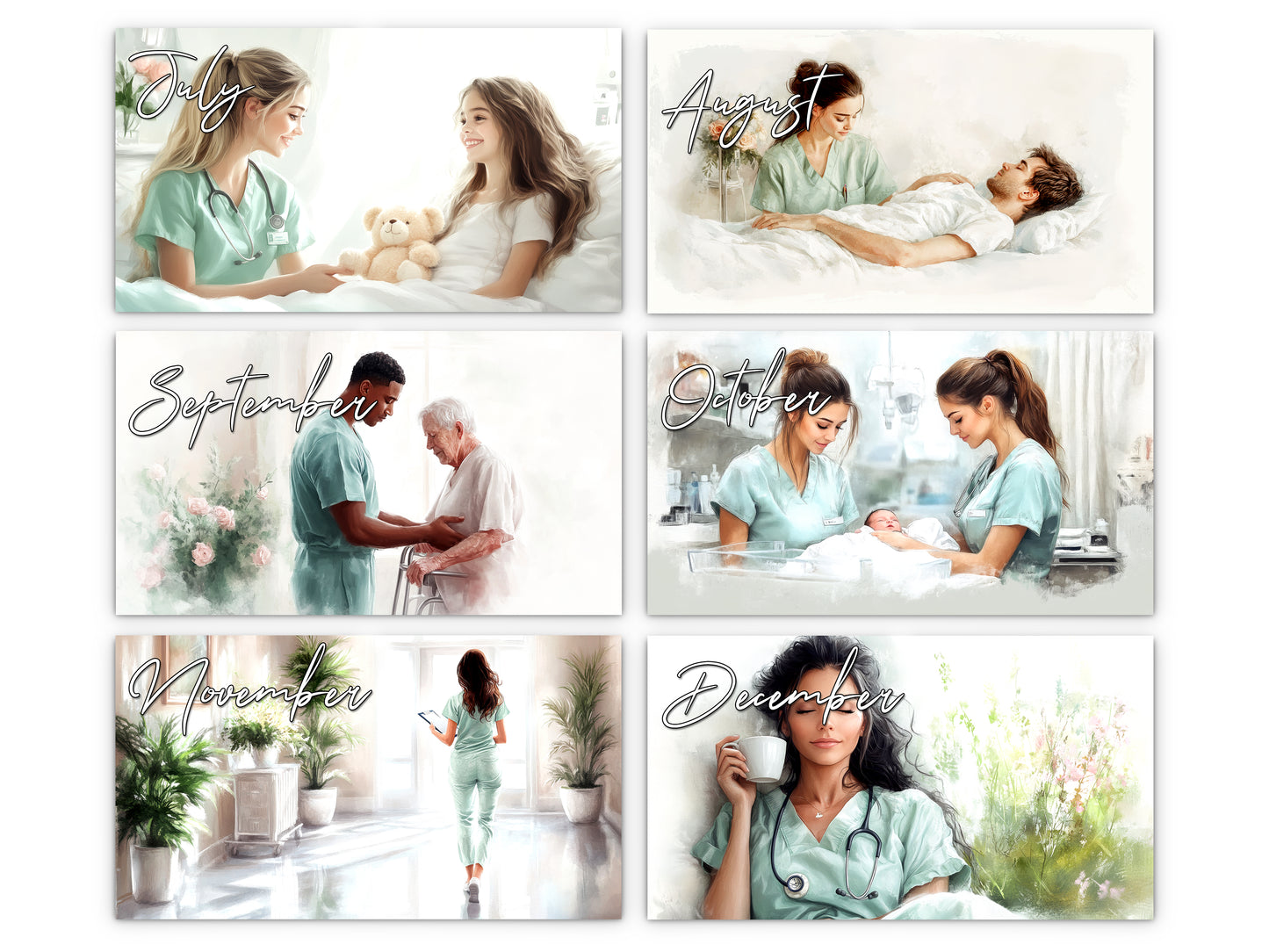 Nurse 2027 wall calendar monthly artwork preview July through December