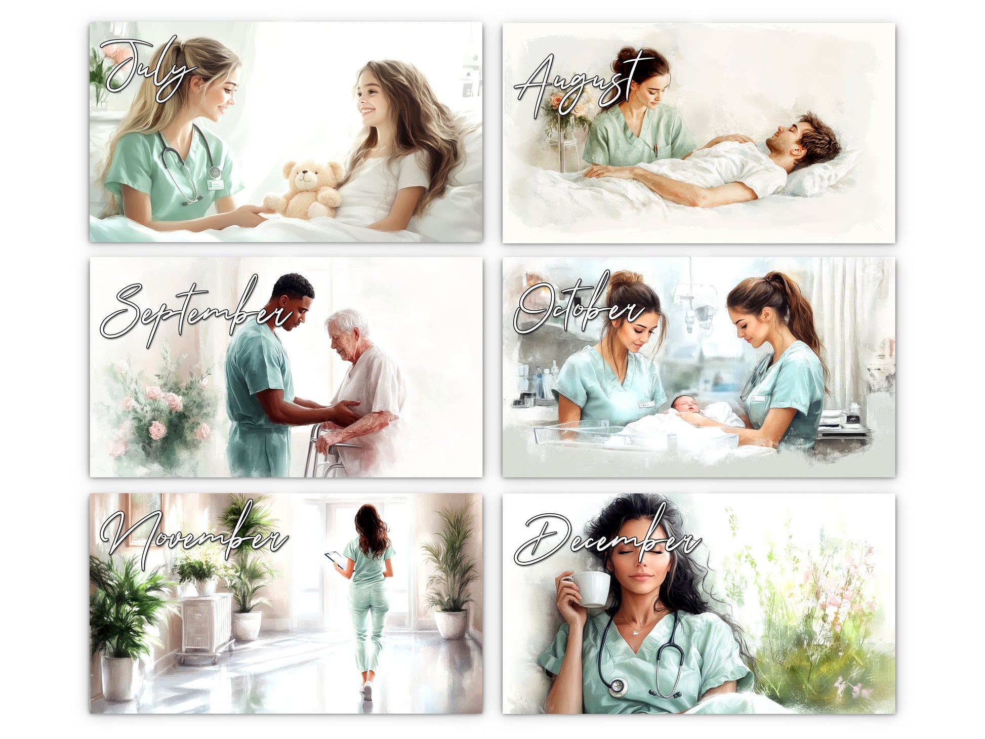 Nurse 2027 wall calendar monthly artwork preview July through December