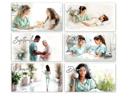 Nurse 2027 wall calendar monthly artwork preview July through December