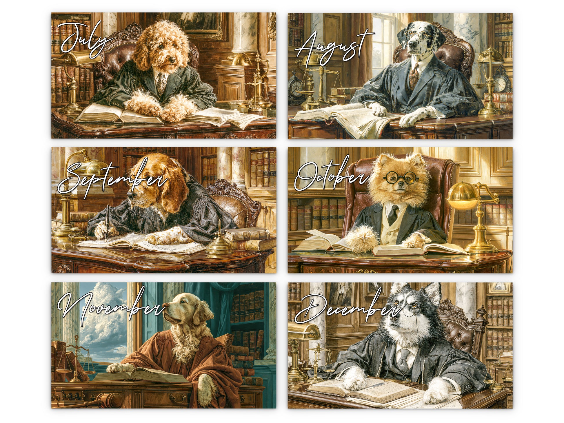 Paws of Justice 2027 wall calendar monthly artwork preview July through December