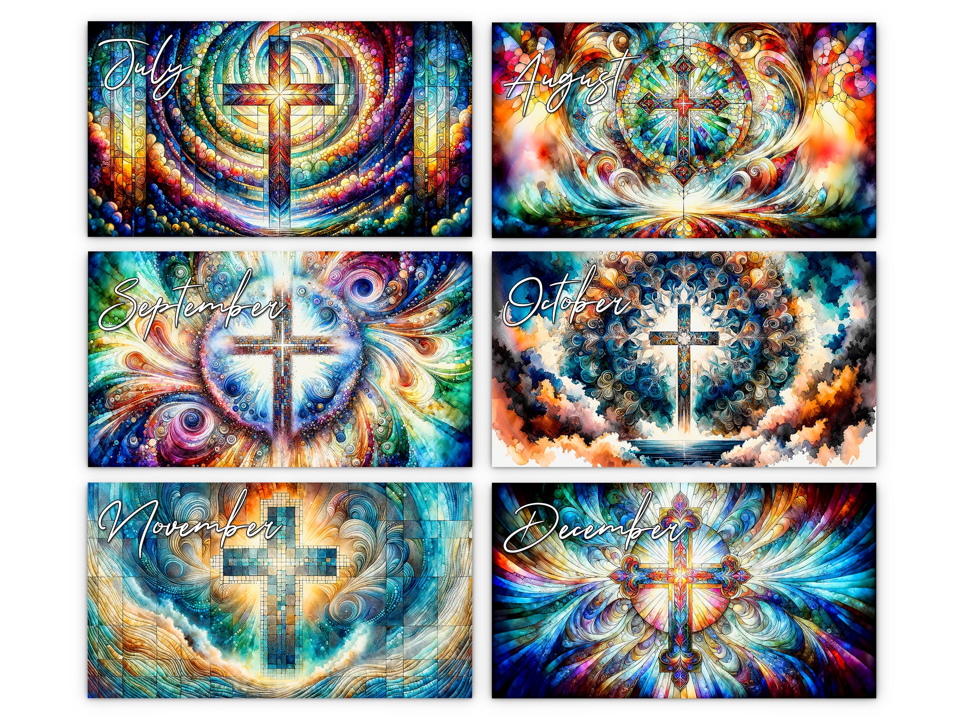 Radiant Cross 2027 wall calendar monthly artwork preview July through December