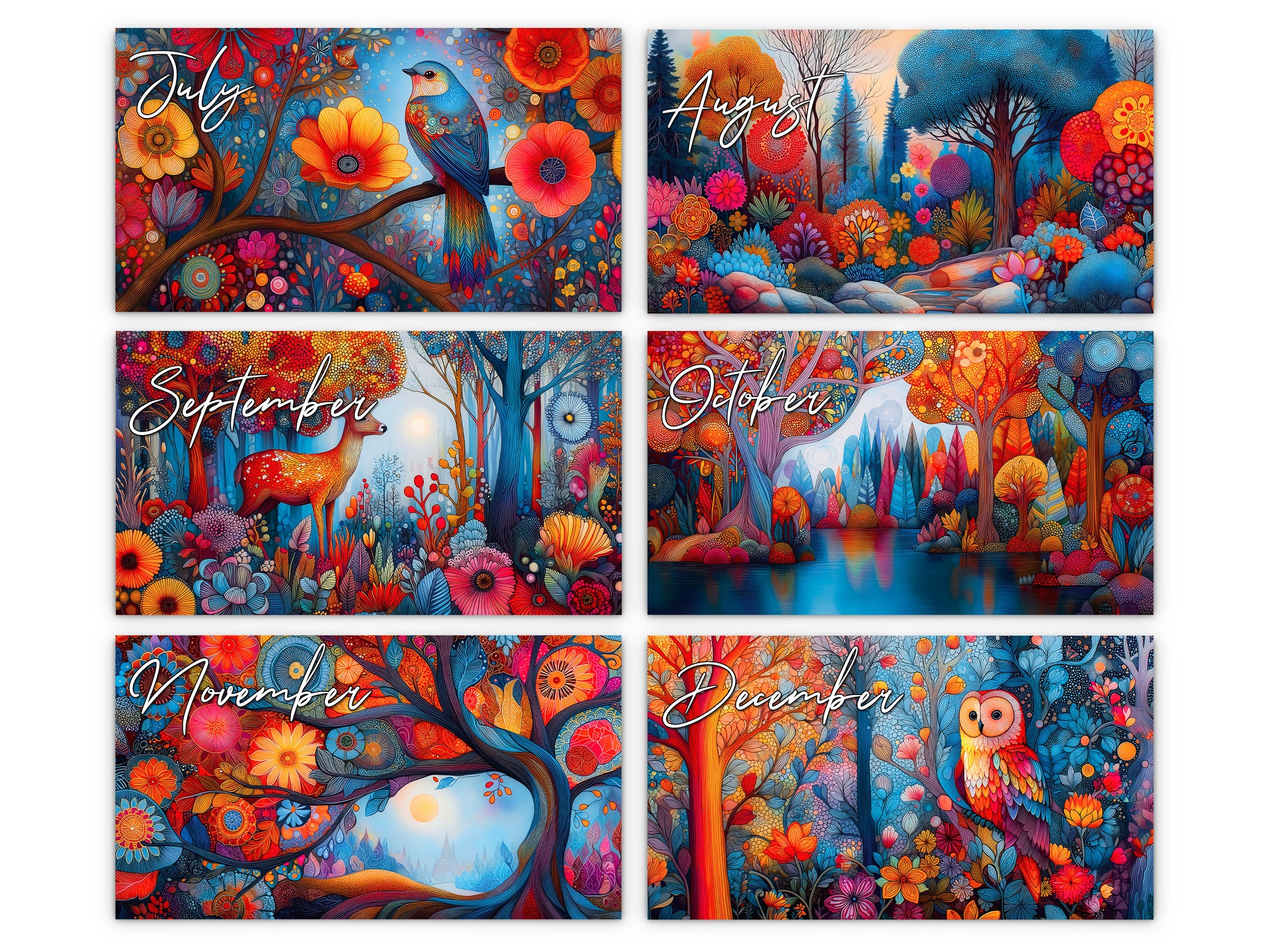 Six-month calendar with colorful forest-themed illustrations for each month.