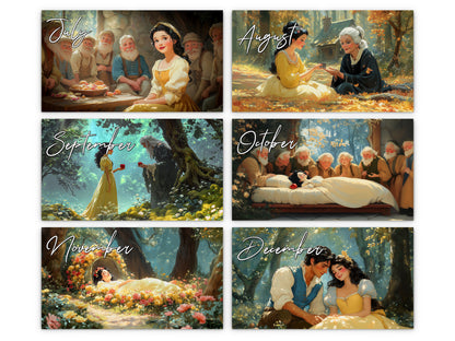 Snow White 2027 wall calendar monthly artwork preview July through December