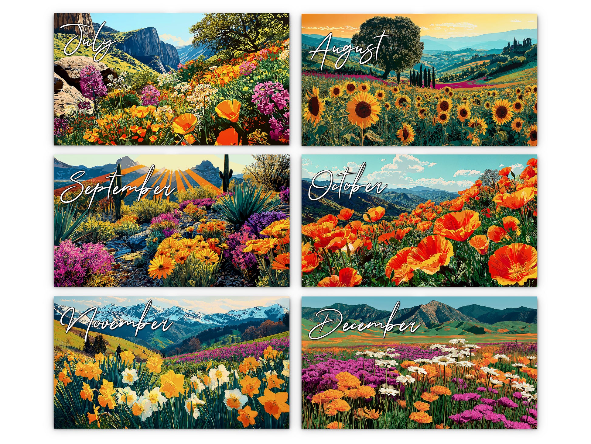 Spring Flowers 2027 wall calendar monthly artwork preview July through December