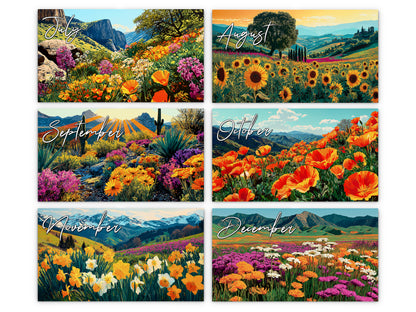 Spring Flowers 2027 wall calendar monthly artwork preview July through December