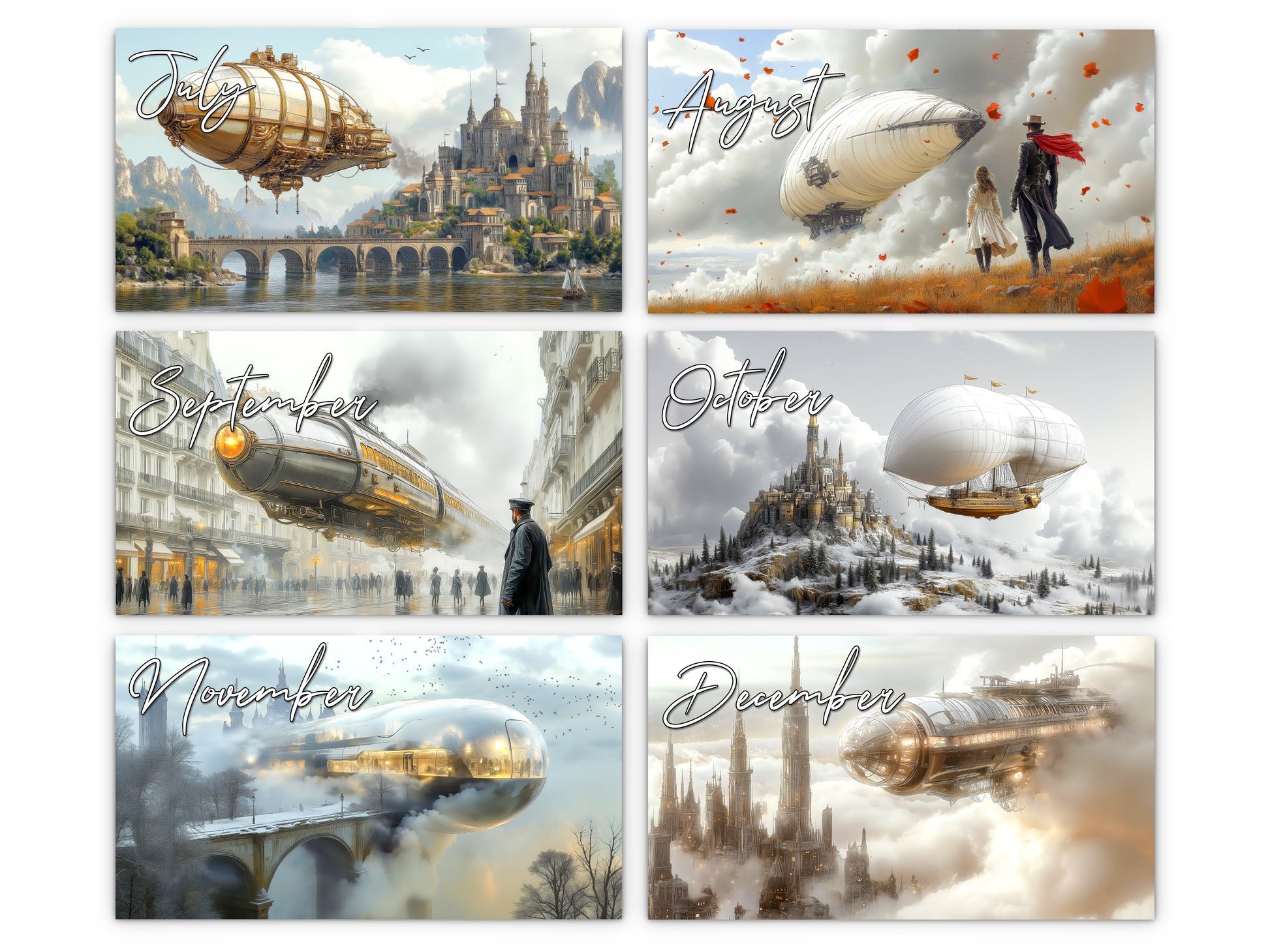 Steampunk Airship 2027 wall calendar monthly artwork preview July through December