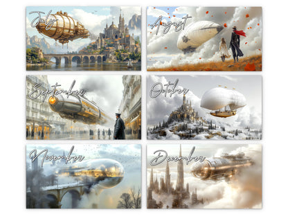 Steampunk Airship 2027 wall calendar monthly artwork preview July through December