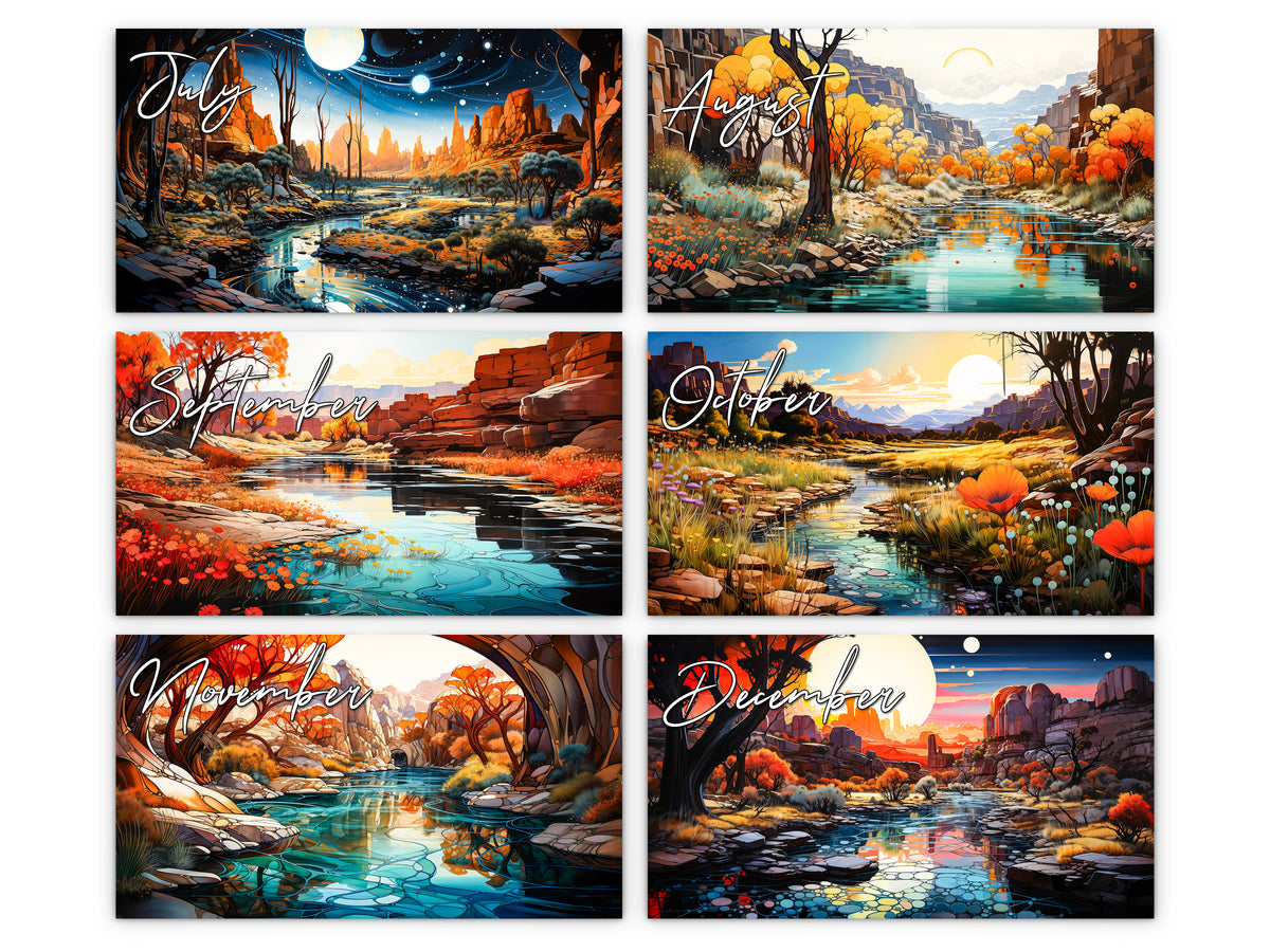 Surreal Canyon 2027 wall calendar monthly artwork preview July through December