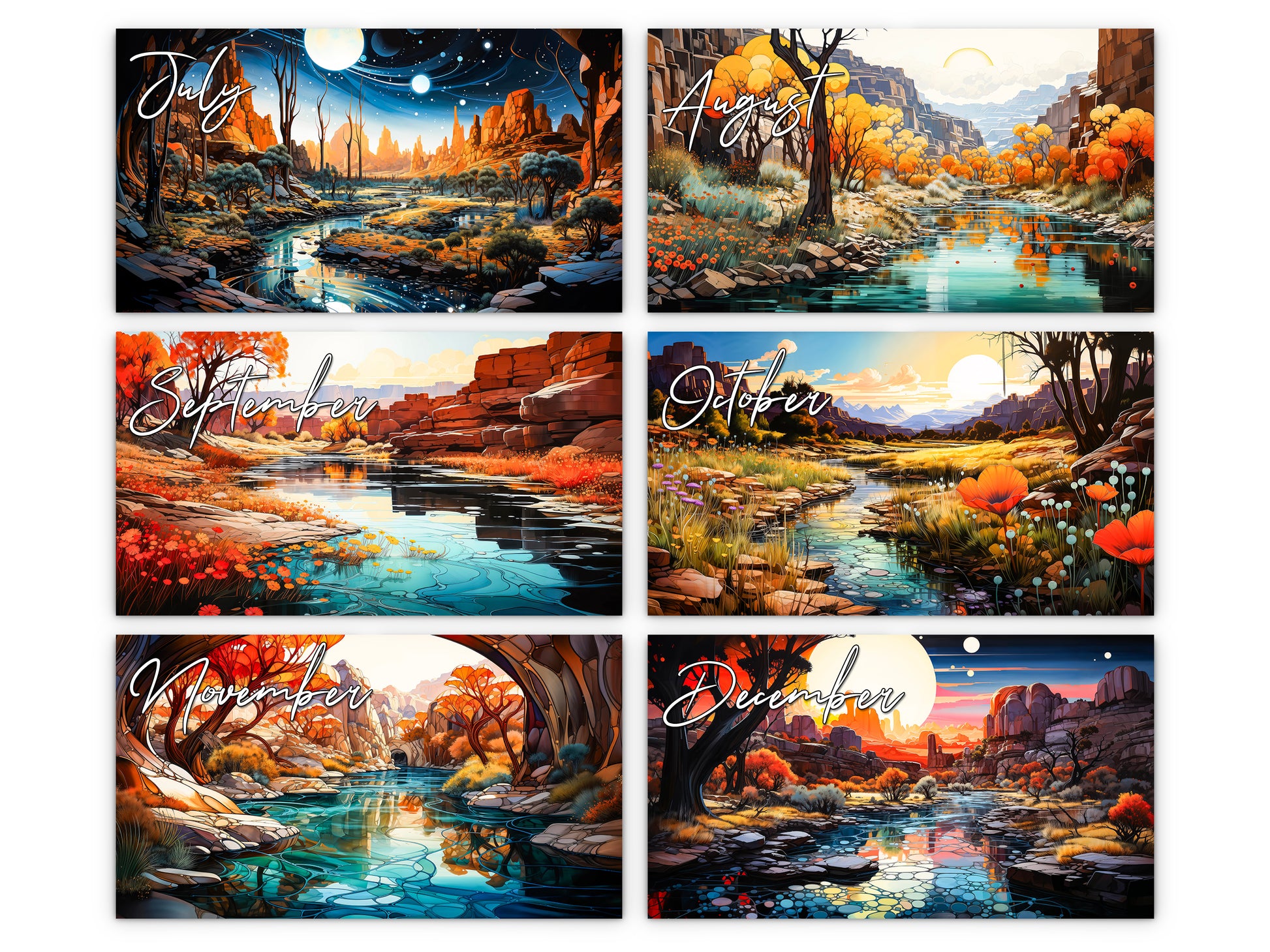Surreal Canyon 2027 wall calendar monthly artwork preview July through December