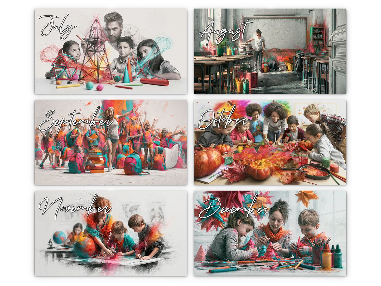 Teacher 2027 wall calendar monthly artwork preview July through December