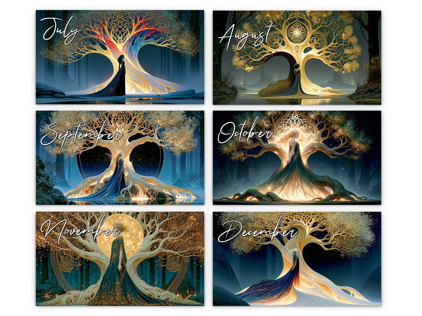 Six-month calendar with stylized tree designs for each month.