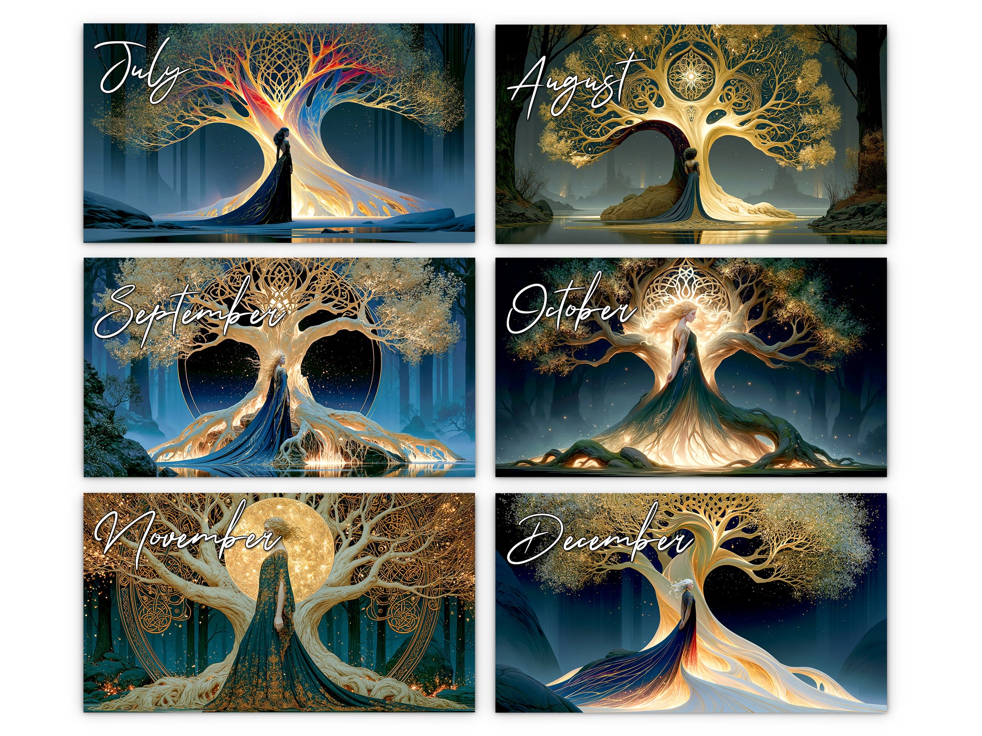 Six-month calendar with stylized tree designs for each month.