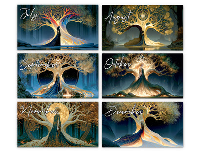 Six-month calendar with stylized tree designs for each month.