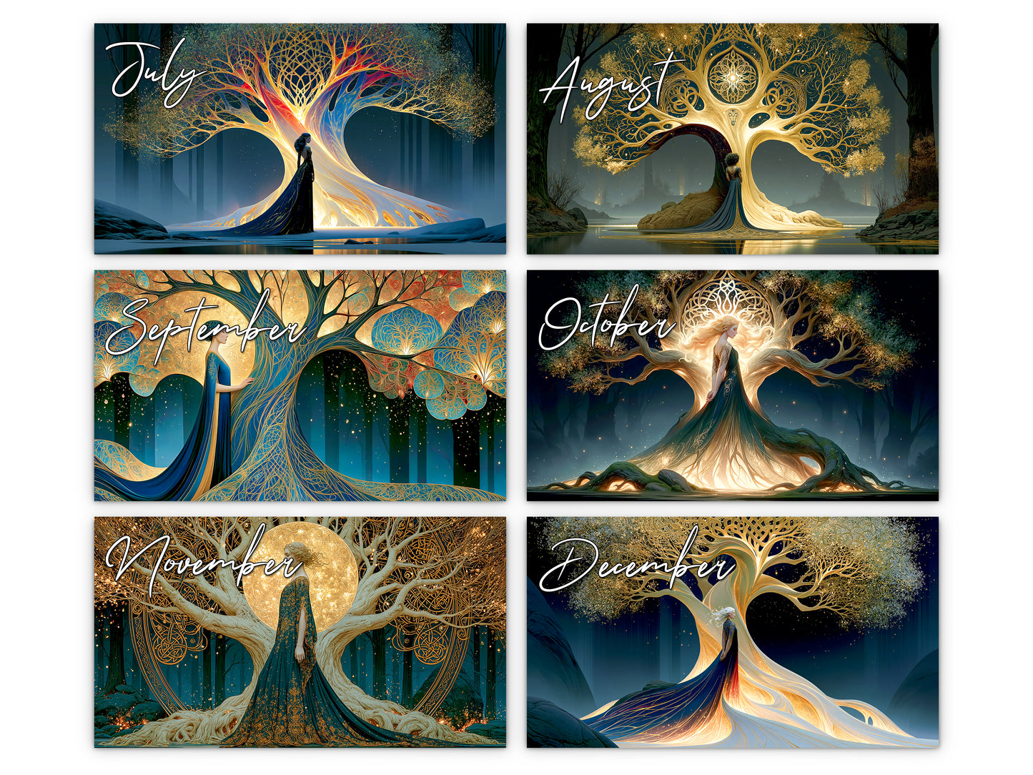 Tree of Life Sacred 2027 wall calendar monthly artwork preview July through December